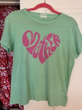 Mother Denim Green Tee with Pink Heart Graphic